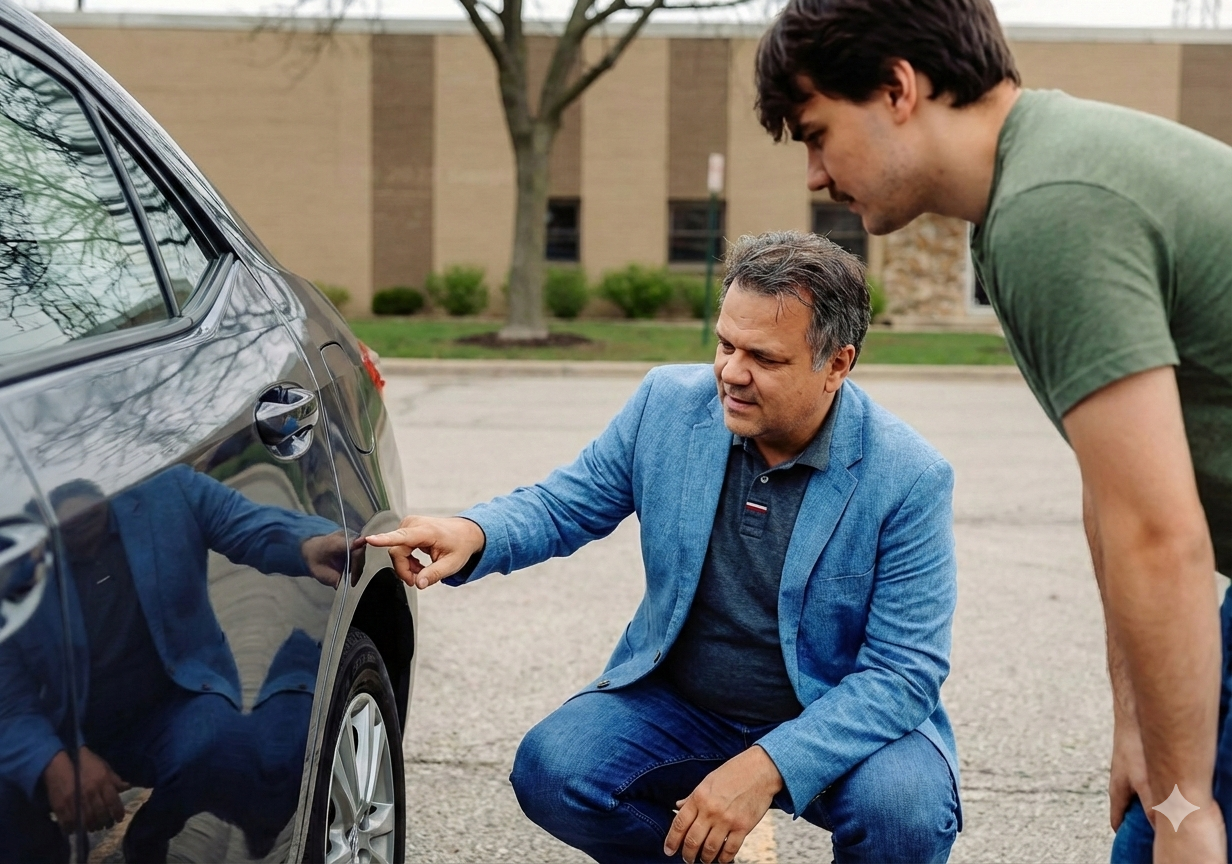 Jerry Franco, owner of Maxim Autos, inspecting a vehicle with a customer in Skokie IL